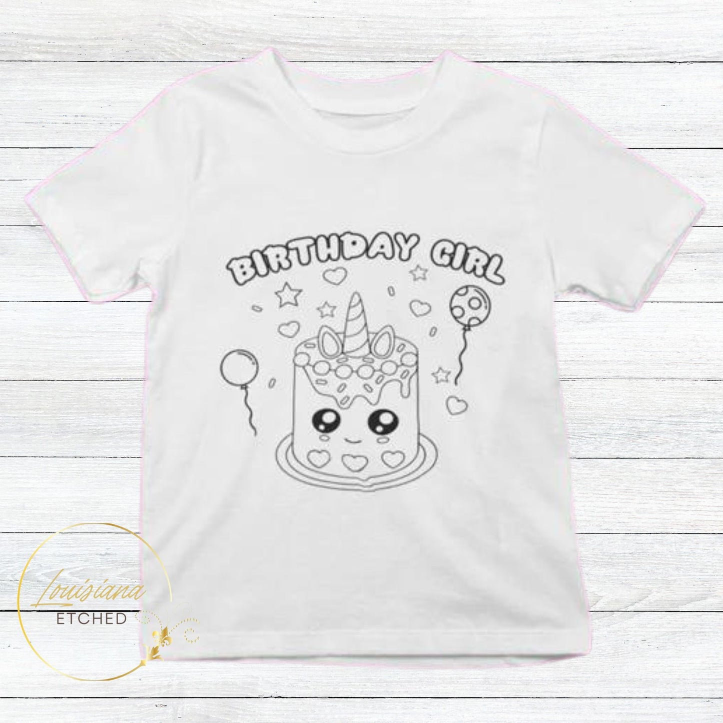 Birthday Girl Unicorn Cake & Balloons Coloring T-Shirt for Kids