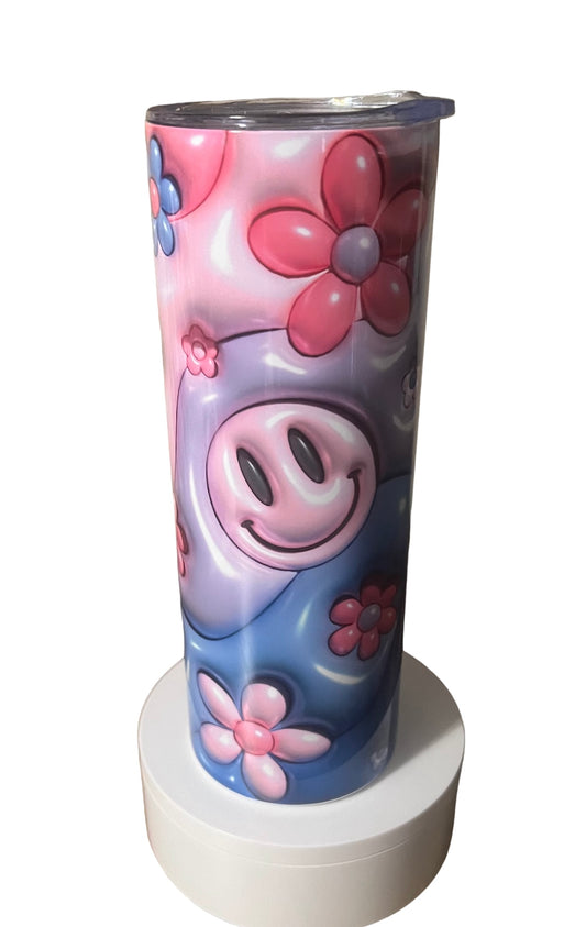 3D Inflated Puff Blue & Pink Retro Flower 20oz Skinny Tumbler