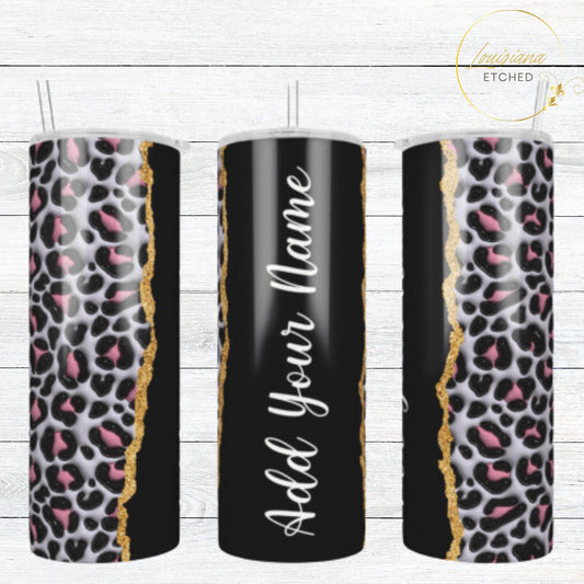 3D Inflated Puff Personalized Name Black Leopard Print 20oz Skinny Tumbler