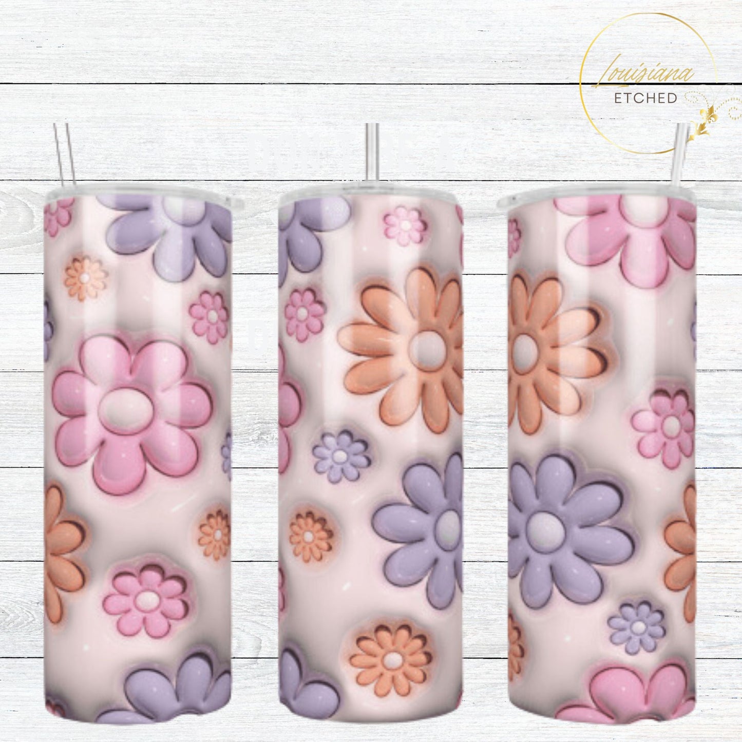 3D Inflated Puff Pink Pastel Retro Flower 20oz Skinny Tumbler