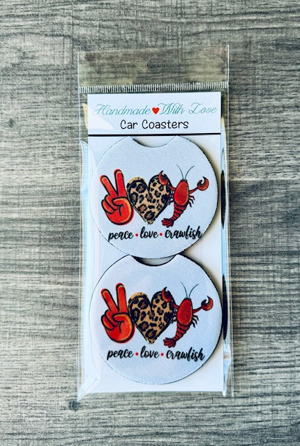 Peace, Love & Crawfish Louisiana Neoprene Car Coasters with Notch