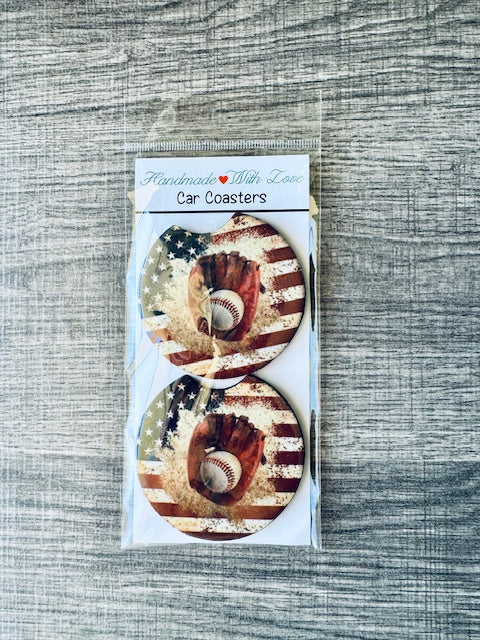 American Flag Vintage Baseball and Glove Neoprene Car Coasters with Notch