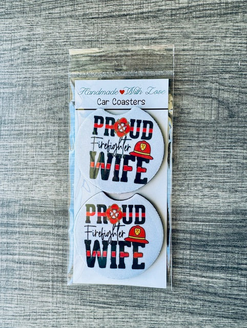 Proud Firefighter Wife Neoprene Car Coasters with Notch