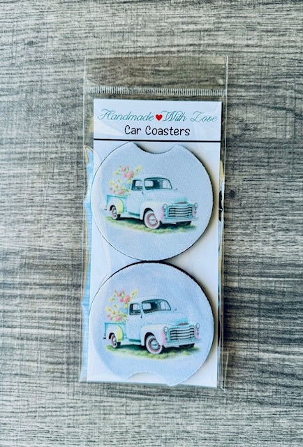 Vintage Truck Spring Flowers Floral Colorful Neoprene Car Coasters with Notch