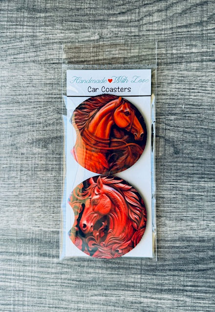 Tooled Leather Horse Neoprene Car Coasters with Notch