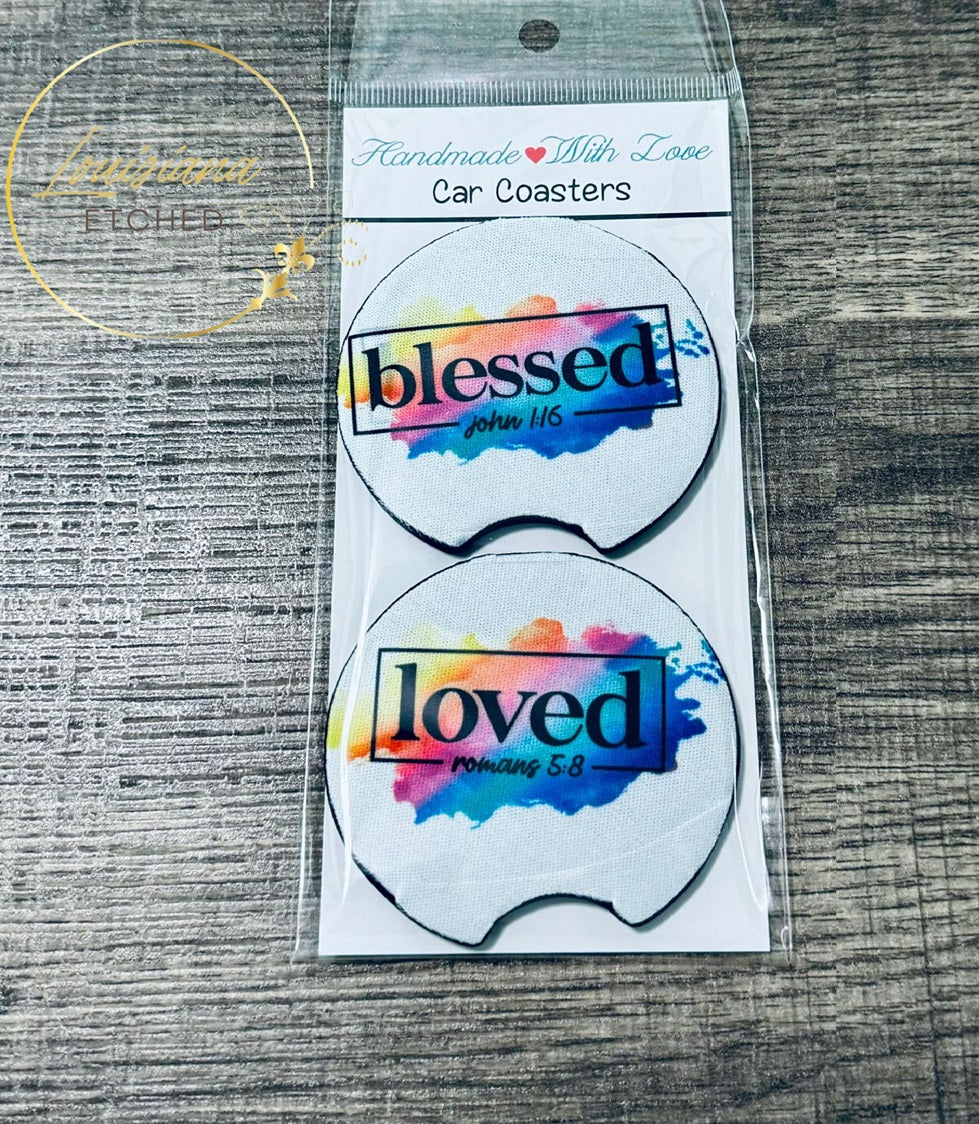 Blessed and Loved Christian Faith Religious Colorful Neoprene Car Coasters with Notch