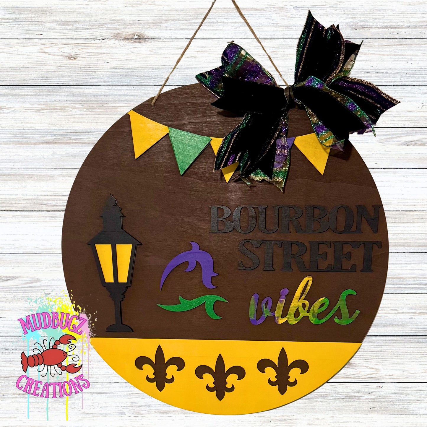 Mardi Gras Bourbon Street New Orleans Vibes Laser Cut 3D Wood Round Door Hanger Door Sign