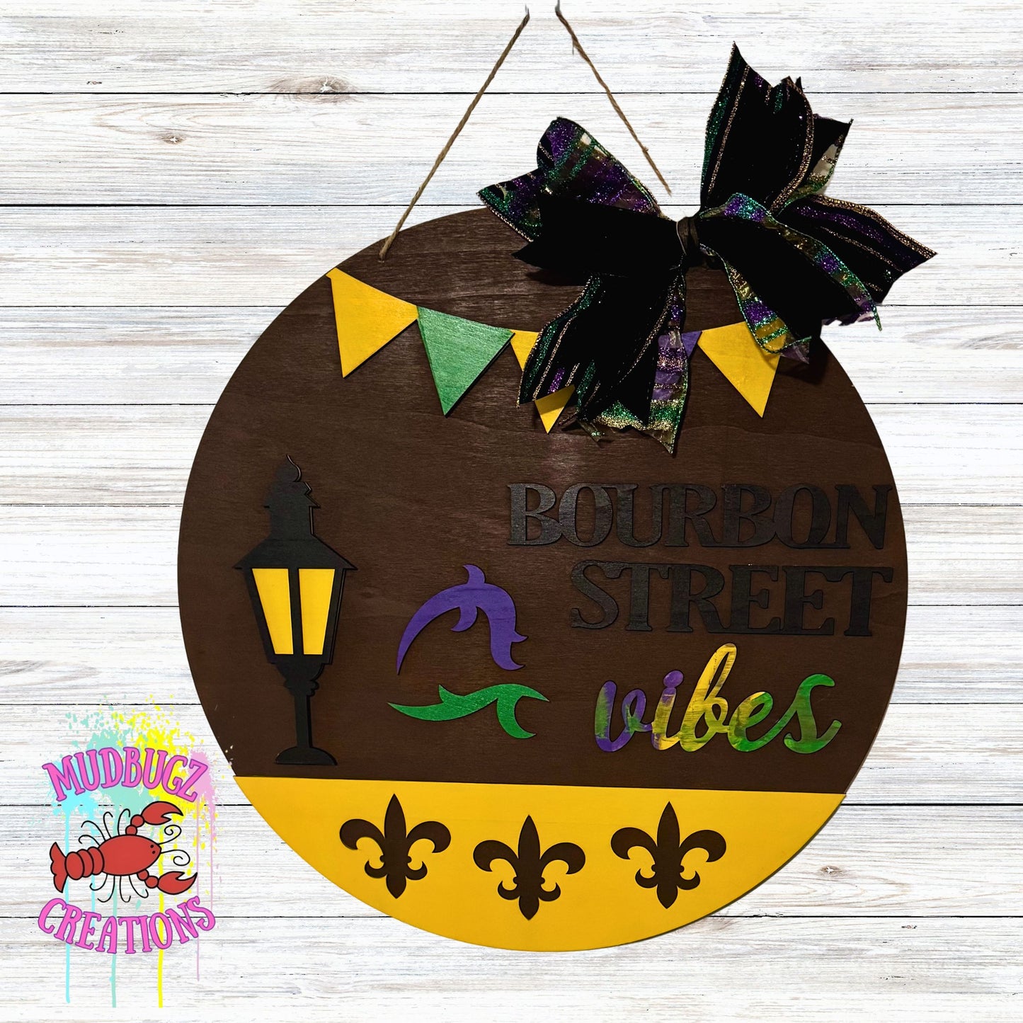 Mardi Gras Bourbon Street New Orleans Vibes Laser Cut 3D Wood Round Door Hanger Door Sign