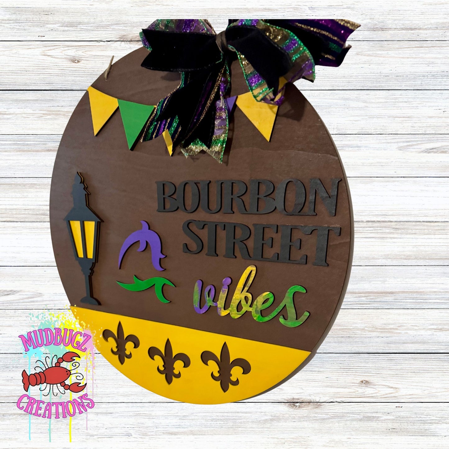 Mardi Gras Bourbon Street New Orleans Vibes Laser Cut 3D Wood Round Door Hanger Door Sign