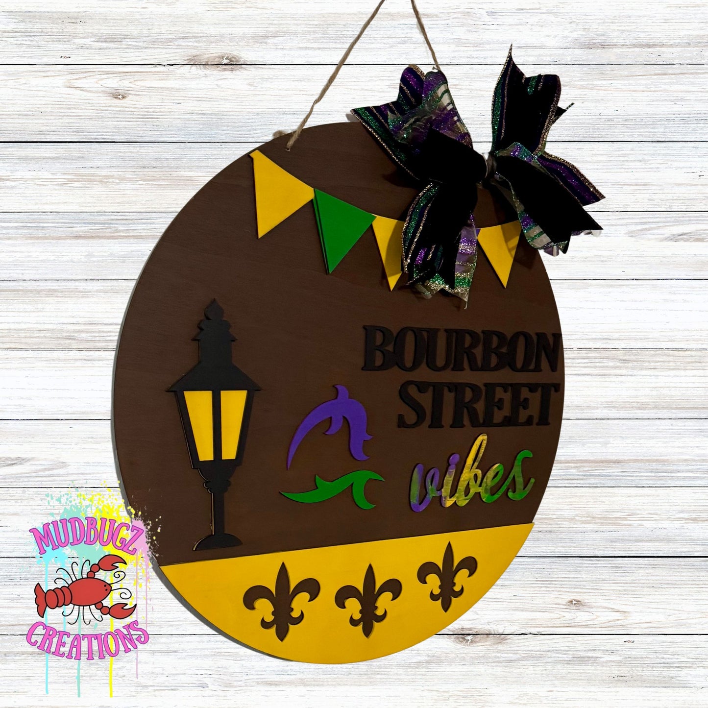 Mardi Gras Bourbon Street New Orleans Vibes Laser Cut 3D Wood Round Door Hanger Door Sign