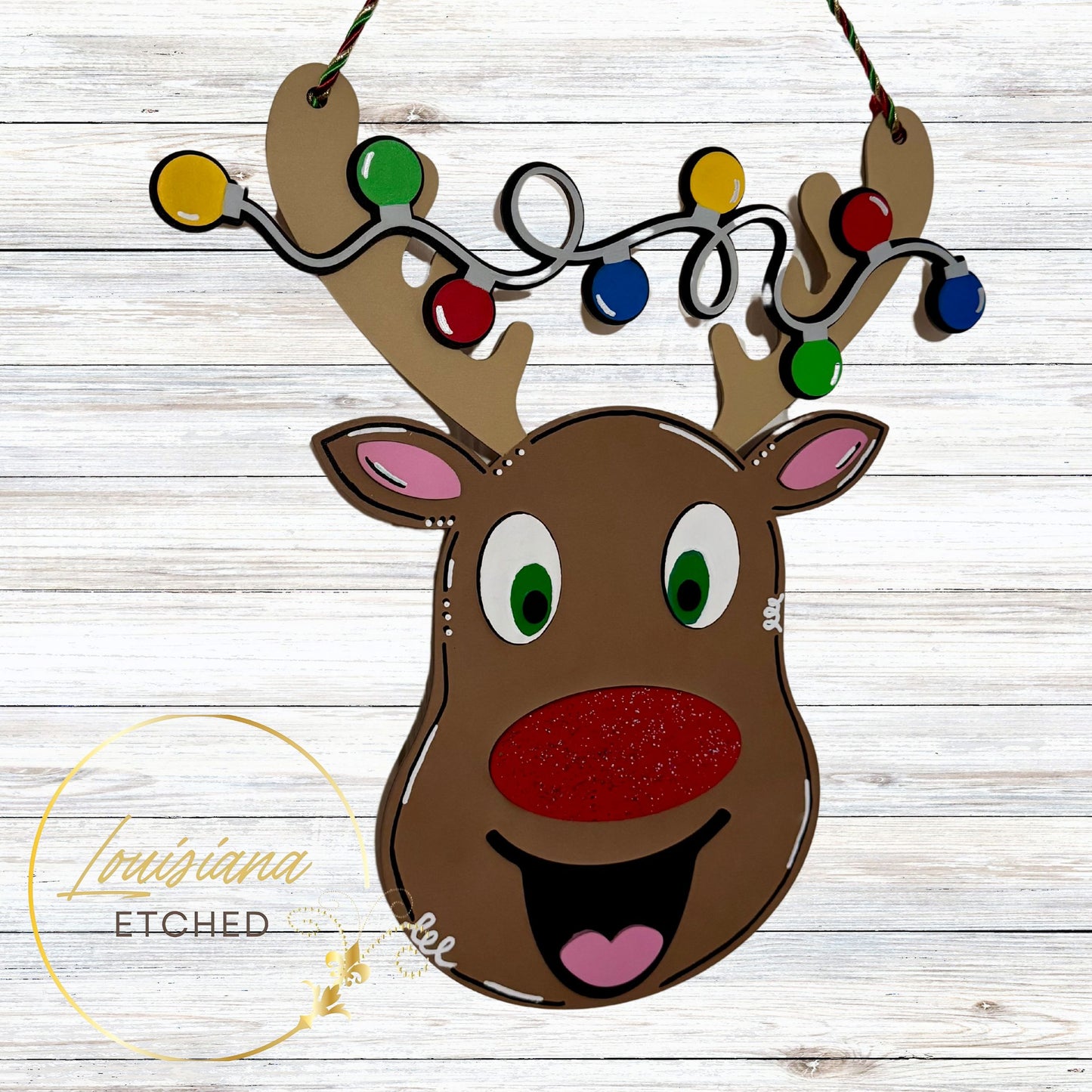 Rudolph Reindeer Tangled in Christmas Lights 3D Laser Cut Wood Door Hanger