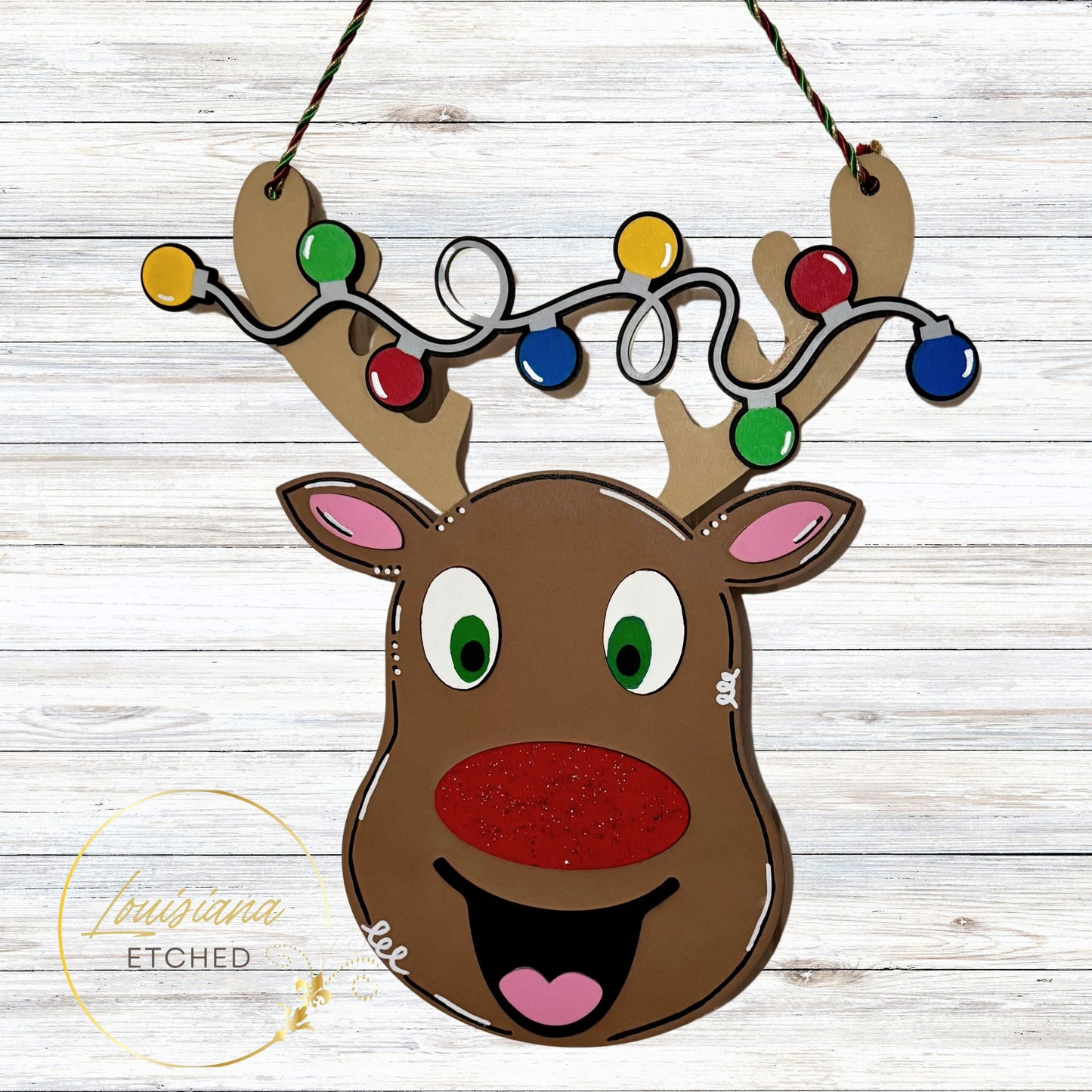 Rudolph Reindeer Tangled in Christmas Lights 3D Laser Cut Wood Door Hanger