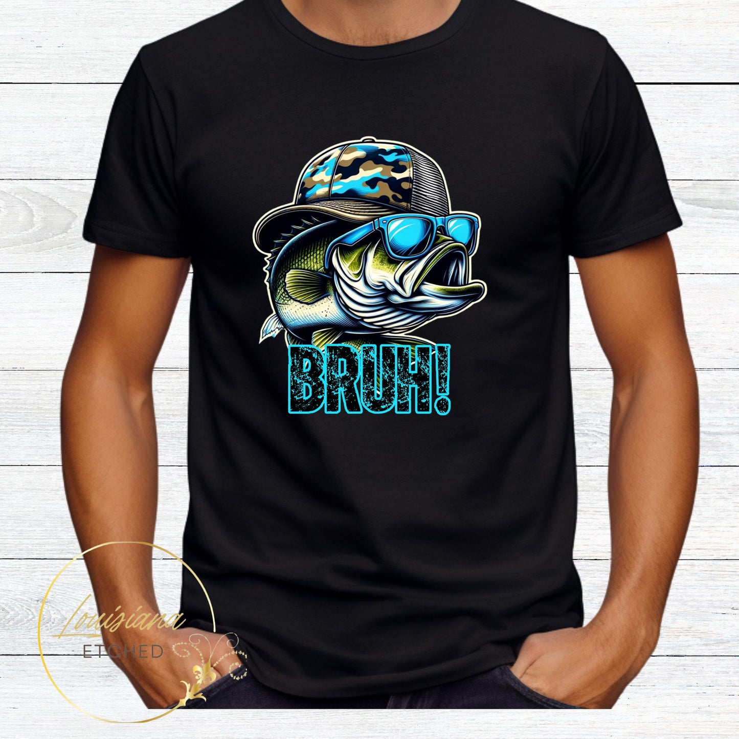 Bruh Bass Fish Funny Fishing DTF Humorous Sarcastic Short Sleeve T-Shirt