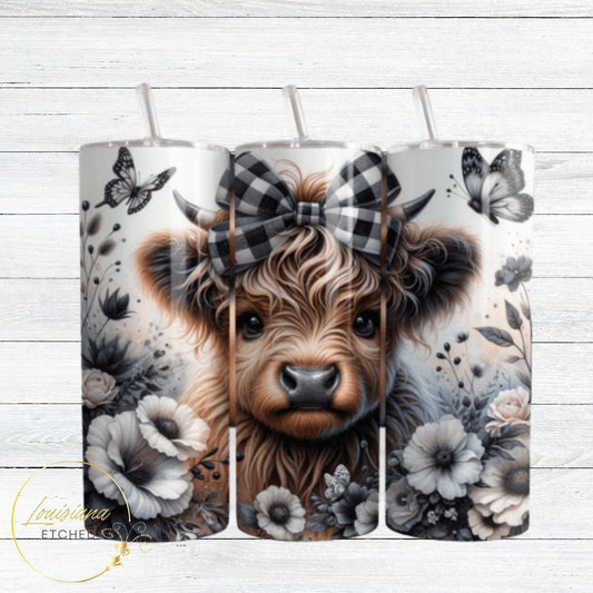 Highland Cow with Buffalo Check Bow and Flower Print 20oz Skinny Tumbler