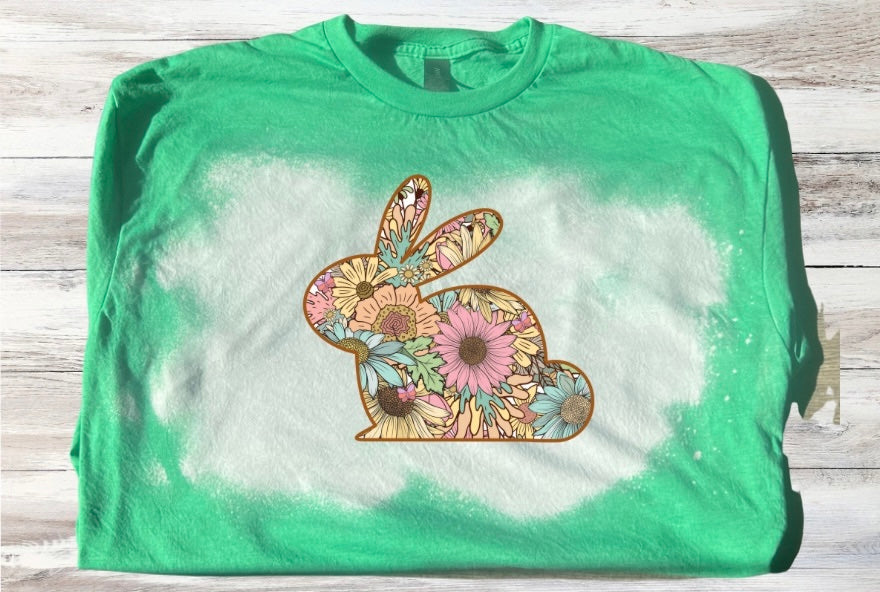 Easter Floral Print Bunny Rabbit Bleached Short Sleeve T-Shirt