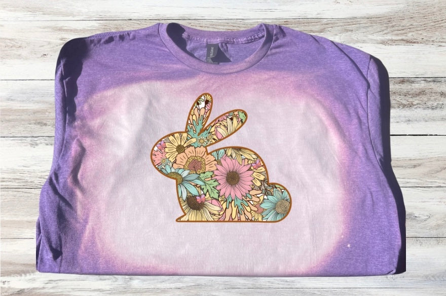 Easter Floral Print Bunny Rabbit Bleached Short Sleeve T-Shirt