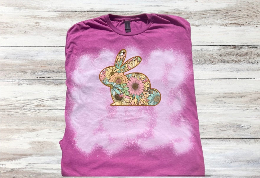 Easter Floral Print Bunny Rabbit Bleached Short Sleeve T-Shirt