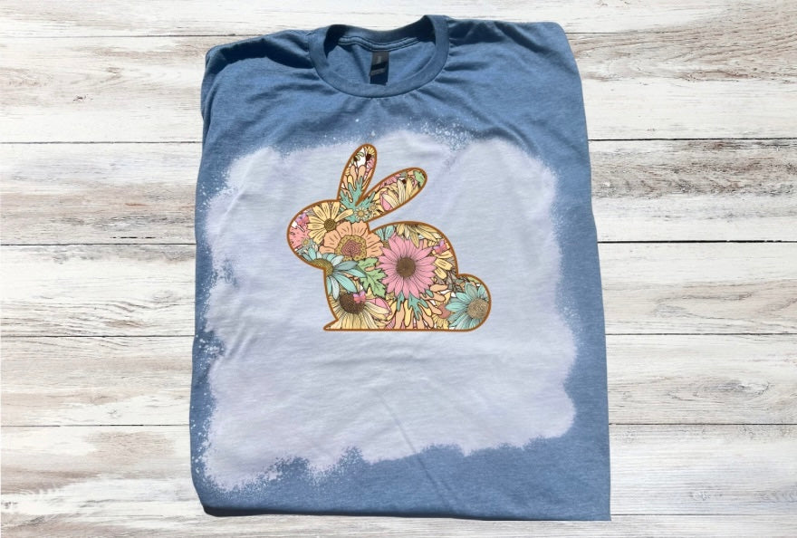 Easter Floral Print Bunny Rabbit Bleached Short Sleeve T-Shirt