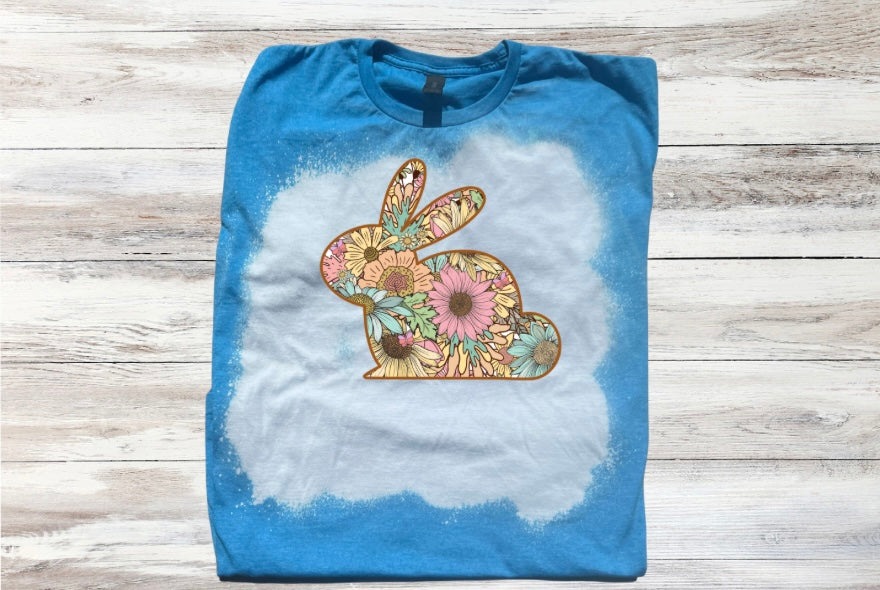 Easter Floral Print Bunny Rabbit Bleached Short Sleeve T-Shirt