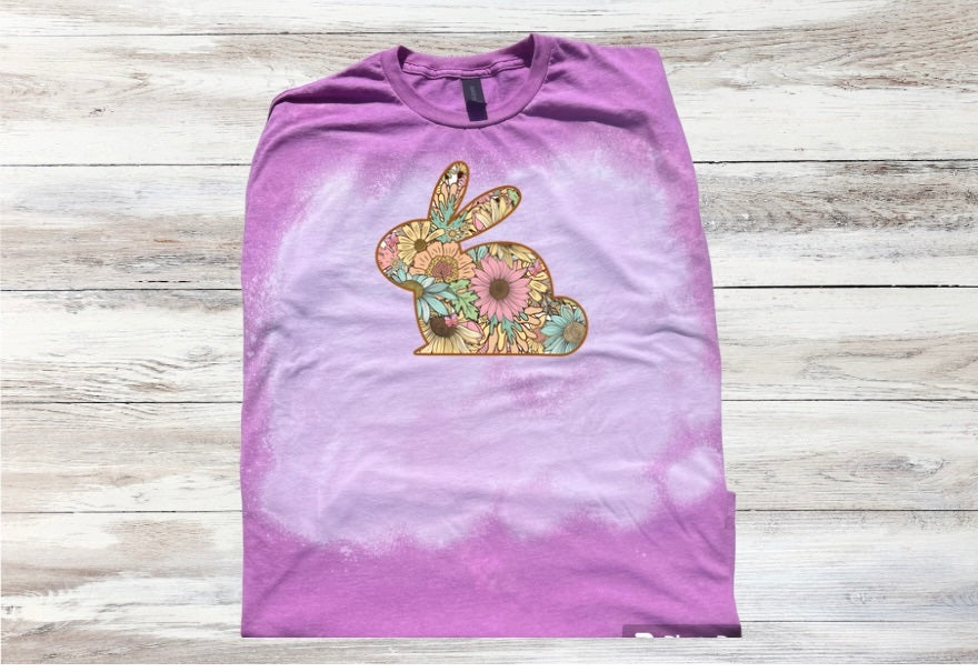 Easter Floral Print Bunny Rabbit Bleached Short Sleeve T-Shirt