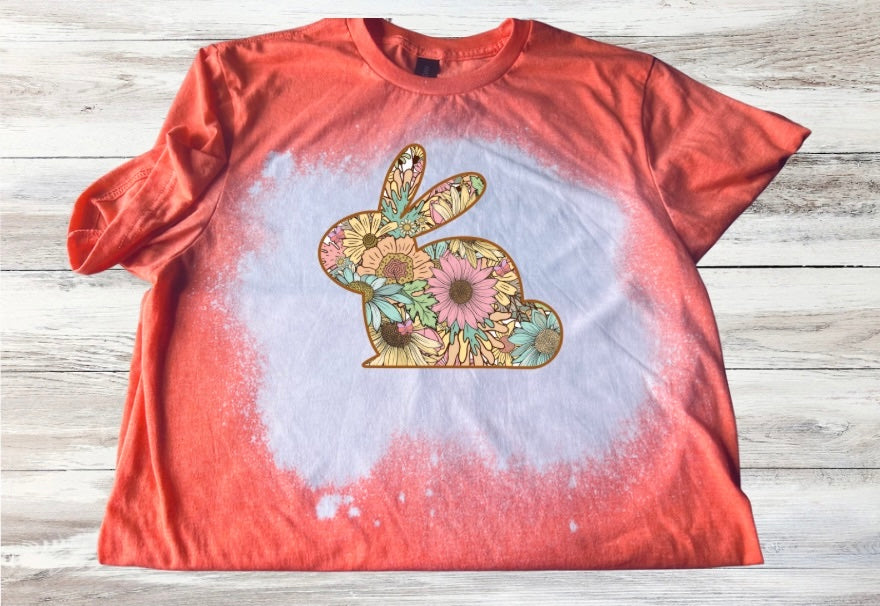 Easter Floral Print Bunny Rabbit Bleached Short Sleeve T-Shirt