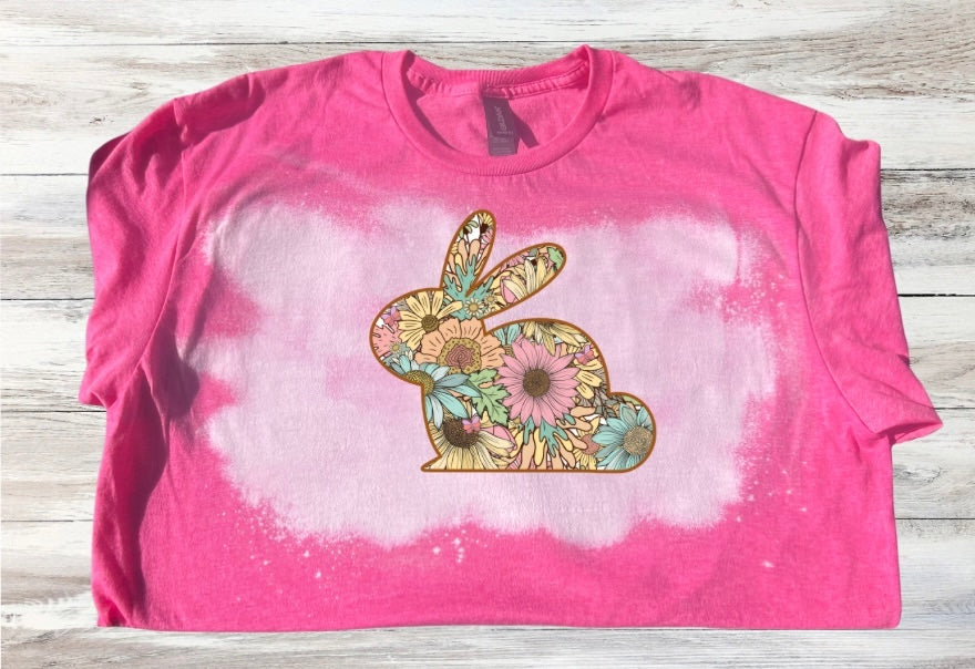 Easter Floral Print Bunny Rabbit Bleached Short Sleeve T-Shirt