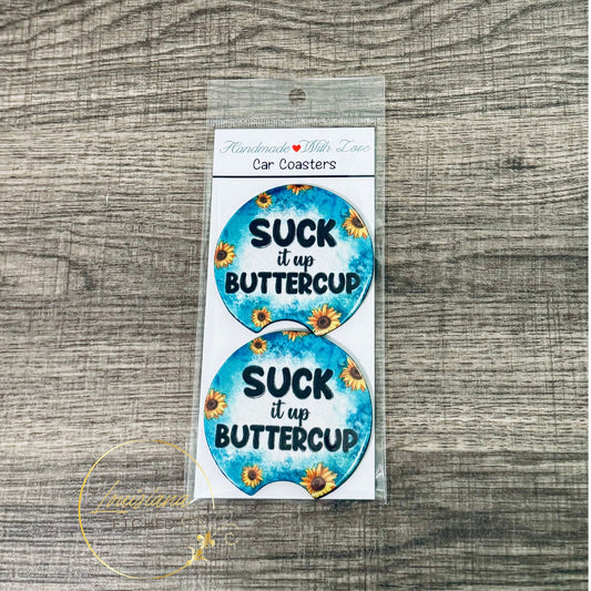 Suck It Up Buttercup Blue Sunflower Print Sarcastic Humor Neoprene Car Coasters with Notch