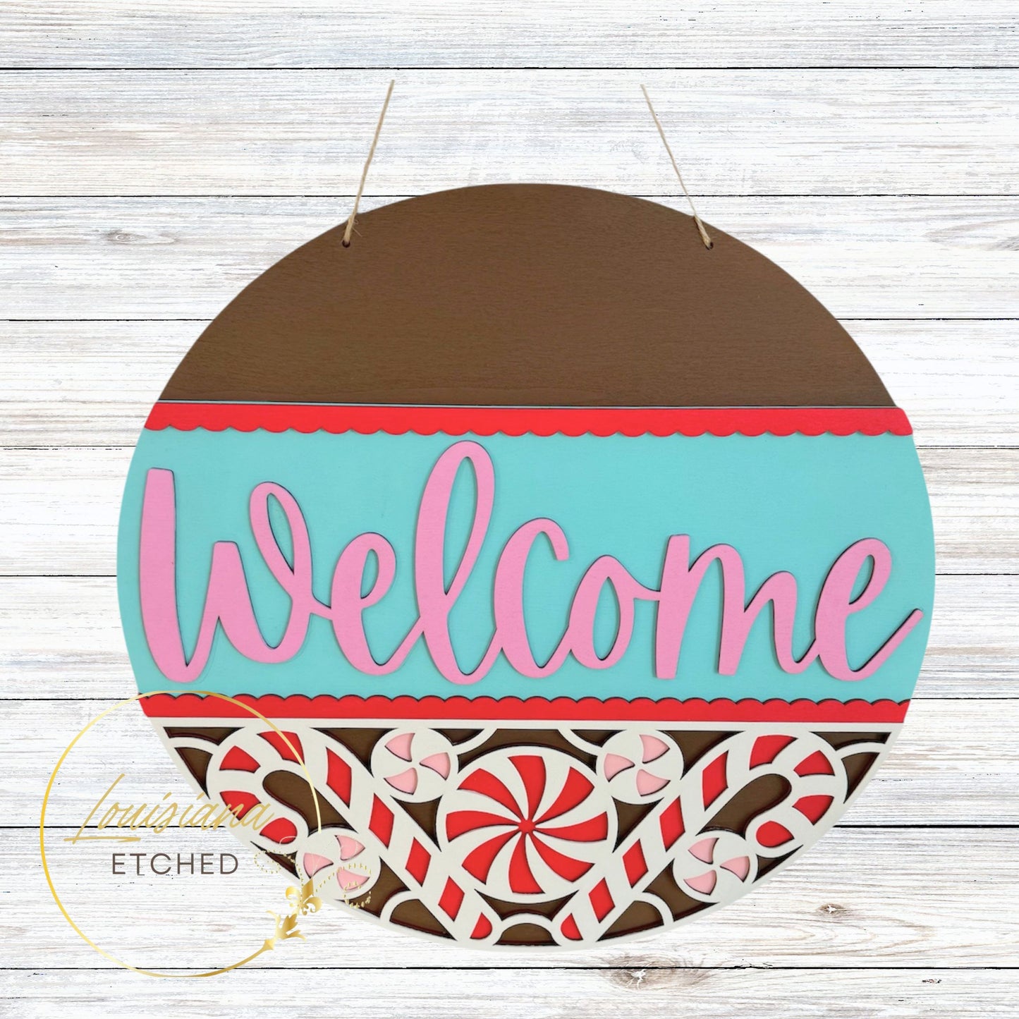 Christmas Candy Cane Welcome Laser Cut Wood Round Door Hanger Door Sign