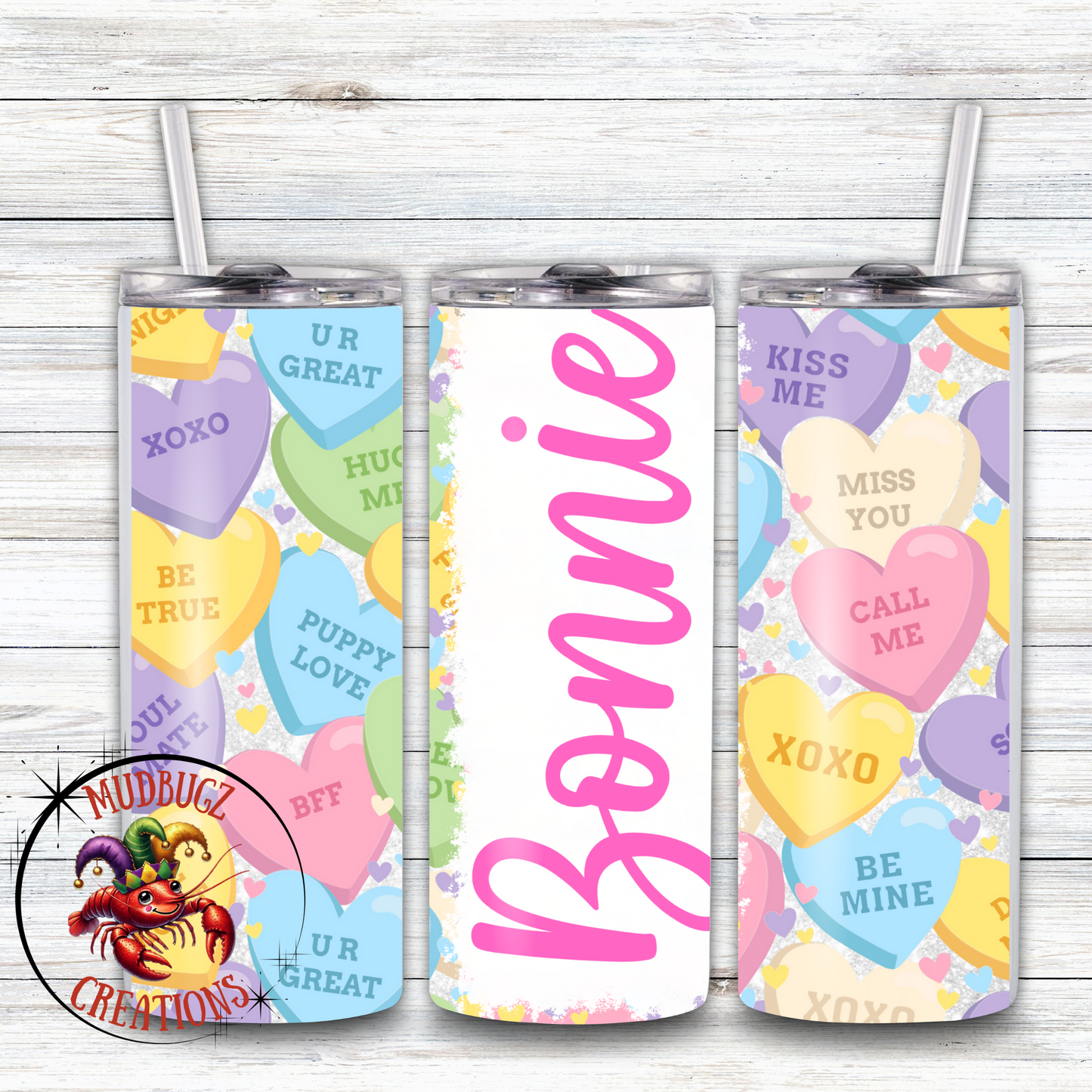 Valentine's Day Personalized Custom Name Candy Hearts Sweethearts 20oz Skinny Tumbler