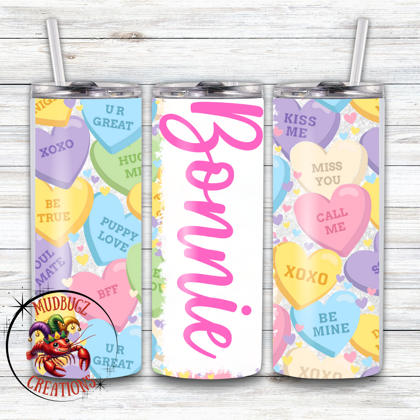 Valentine's Day Personalized Custom Name Candy Hearts Sweethearts 20oz Skinny Tumbler