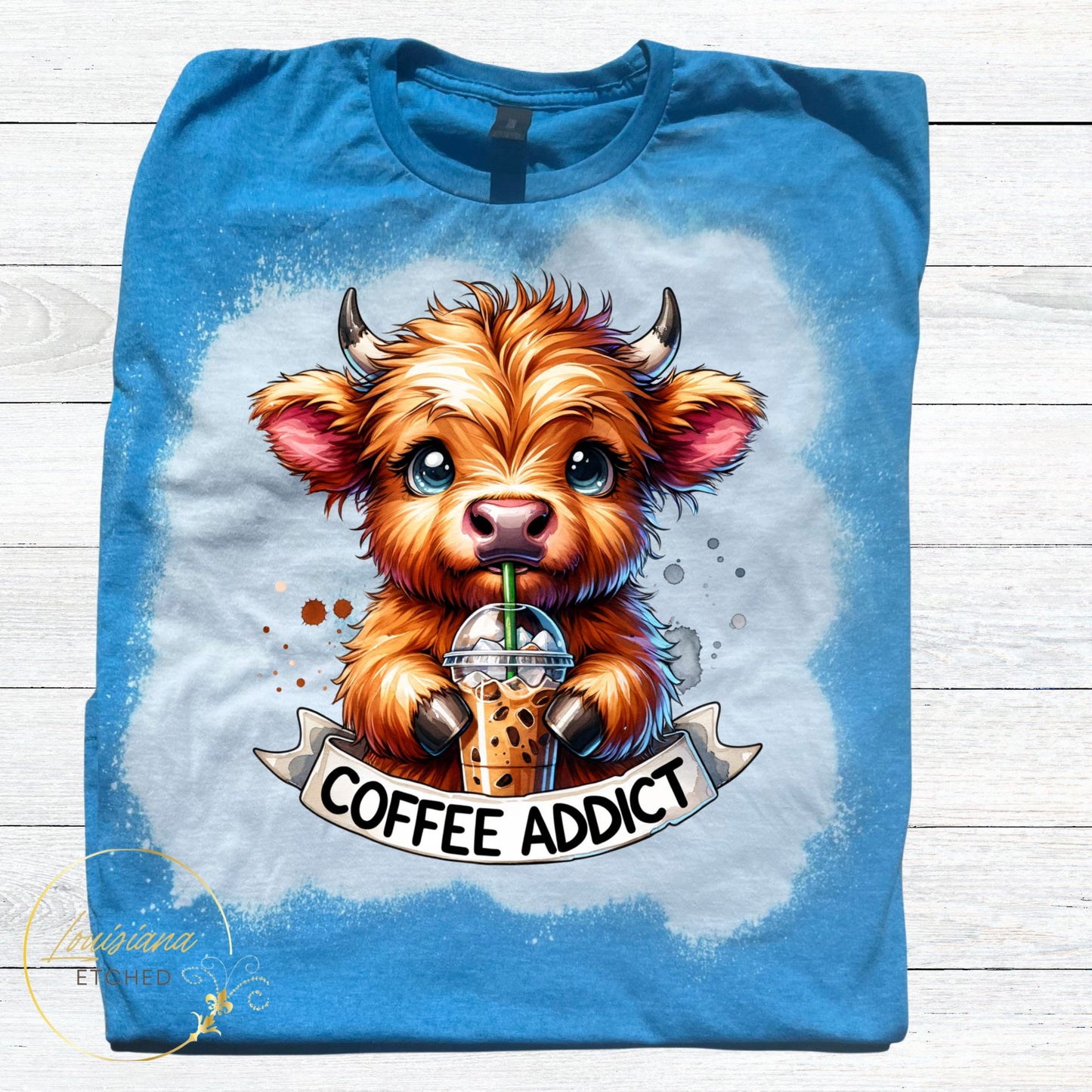 Highland Cow Coffee Addict Iced Coffee Humorous Funny Bleached Short Sleeve T-Shirt