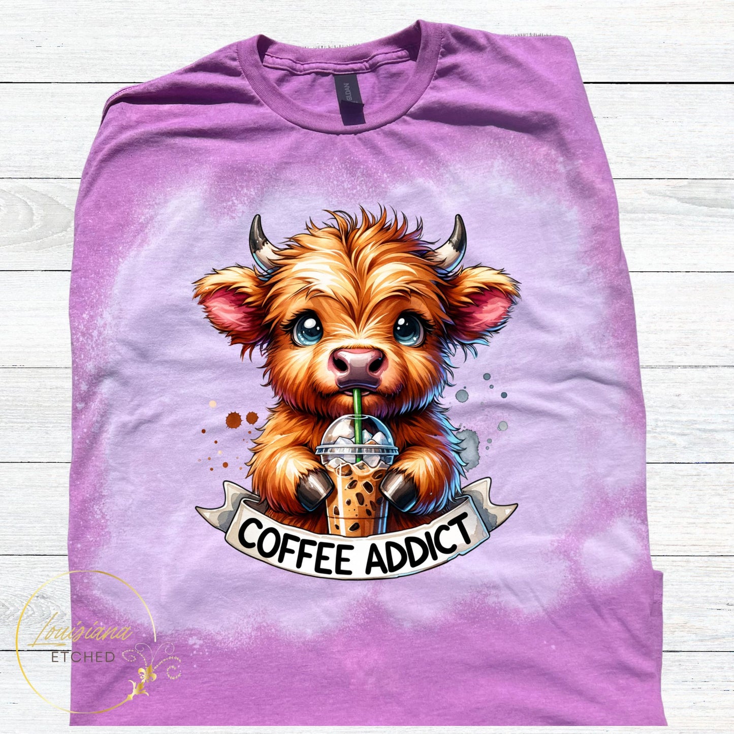 Highland Cow Coffee Addict Iced Coffee Humorous Funny Bleached Short Sleeve T-Shirt