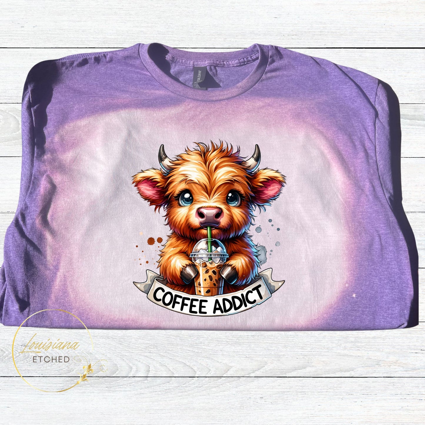 Highland Cow Coffee Addict Iced Coffee Humorous Funny Bleached Short Sleeve T-Shirt