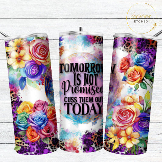 Tomorrow is not Promised, Cuss Them Out Today Sarcastic Quotes Funny Humorous Colorful 20oz Skinny Tumbler