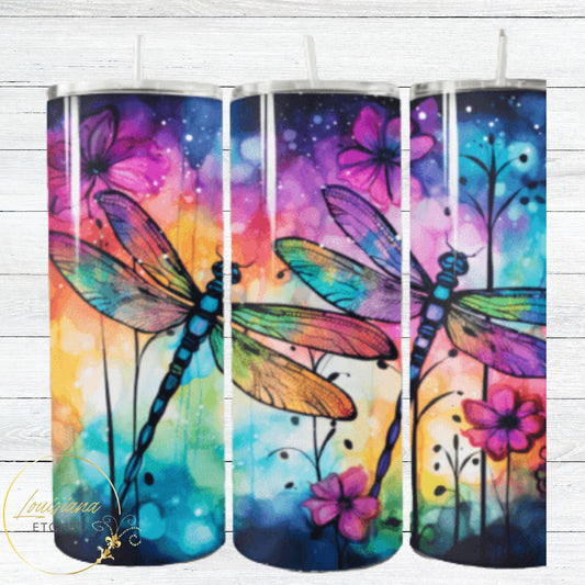 Dragonfly Colorful Alcohol Ink Dragonflies 20oz Skinny Tumbler