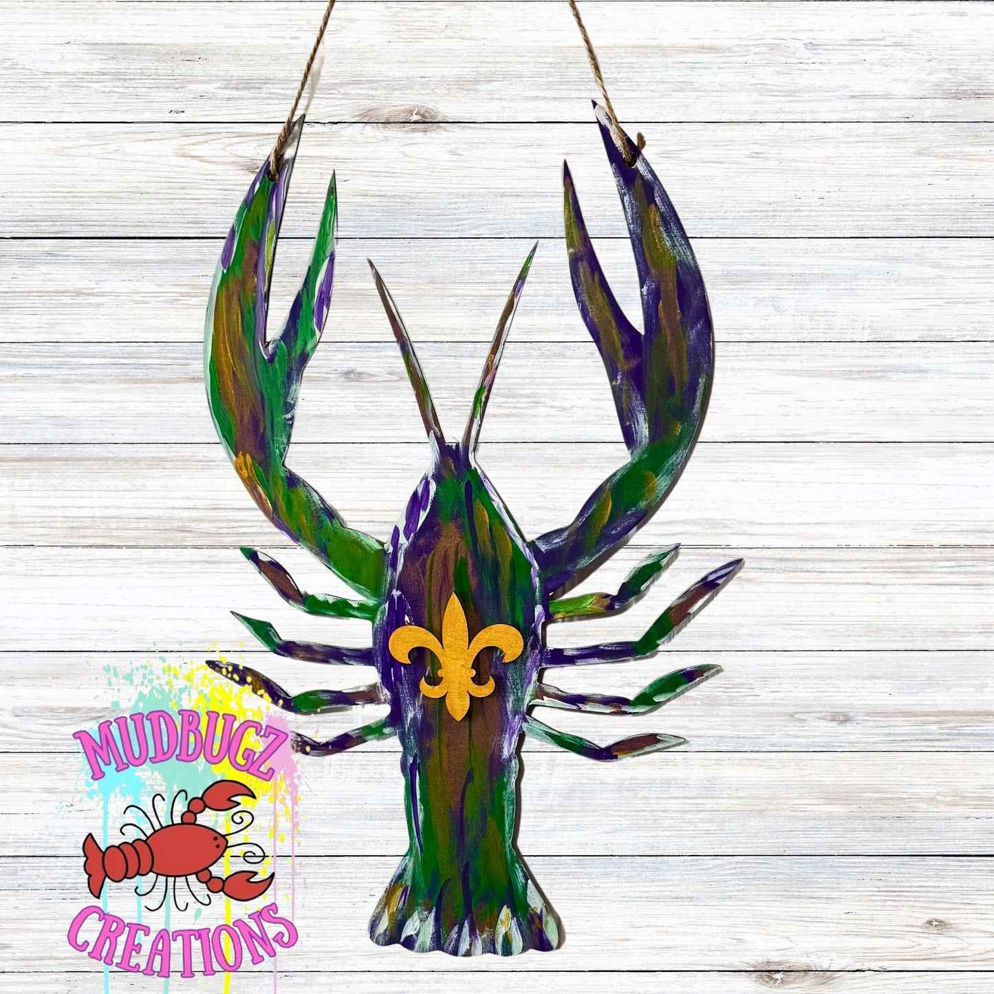 Mardi Gras Fleur Di Lis Brushstroke Crawfish Laser Cut 3D Wood Round Door Hanger Door Sign