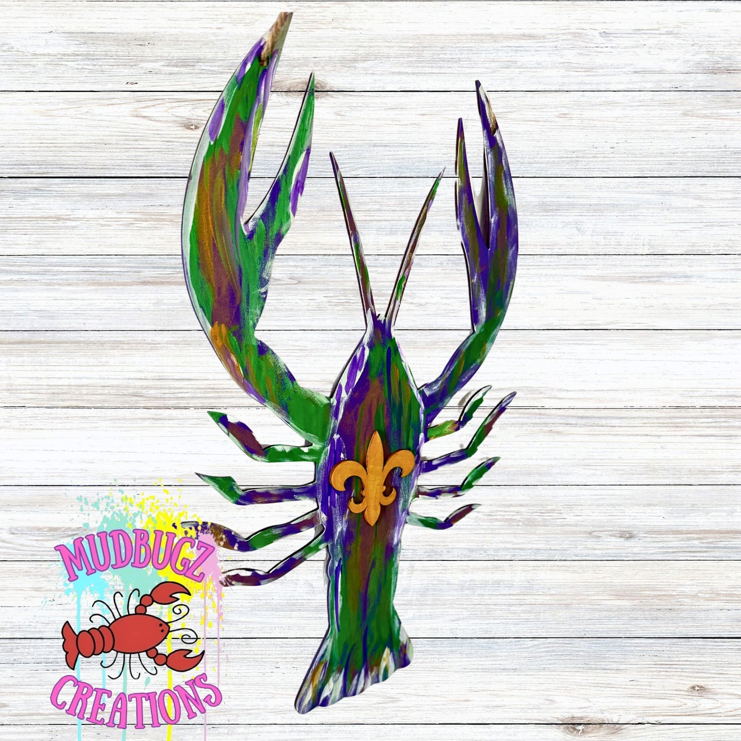 Mardi Gras Fleur Di Lis Brushstroke Crawfish Laser Cut 3D Wood Round Door Hanger Door Sign