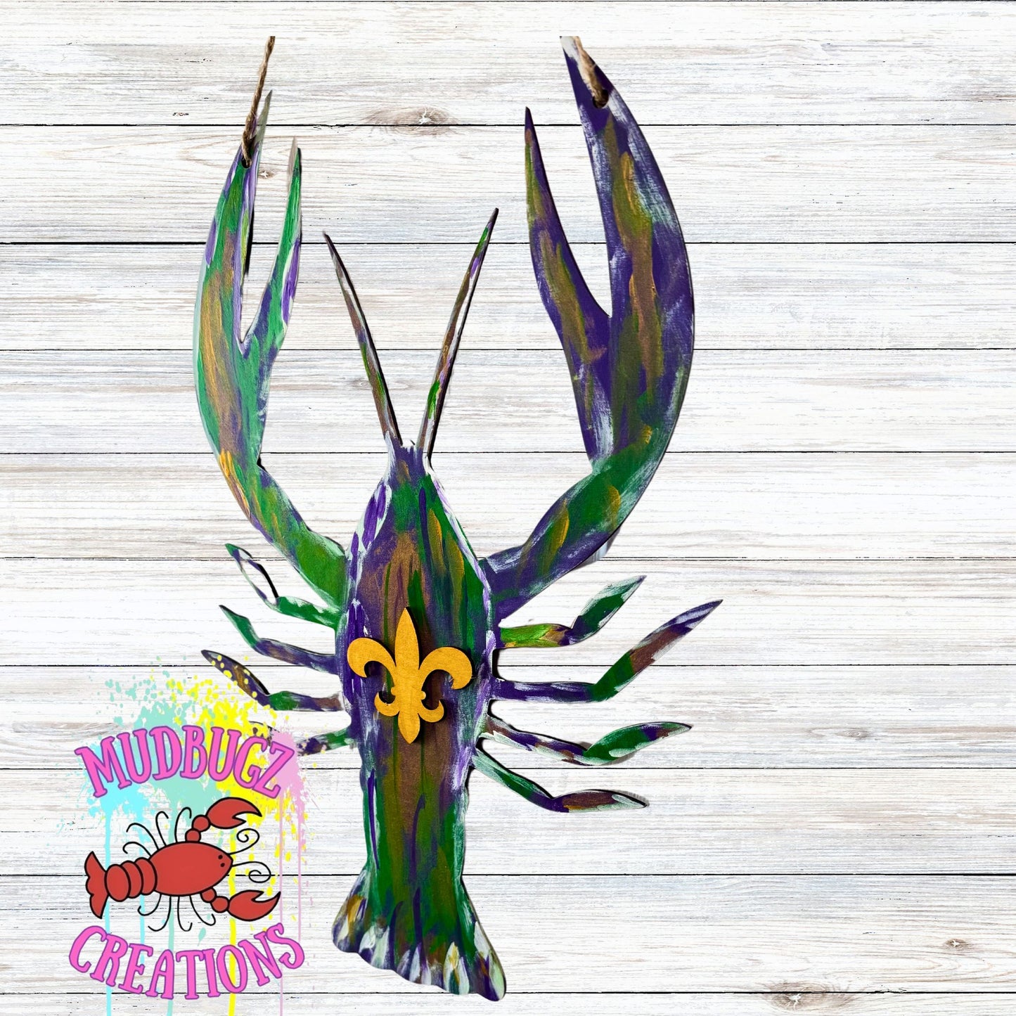 Mardi Gras Fleur Di Lis Brushstroke Crawfish Laser Cut 3D Wood Round Door Hanger Door Sign