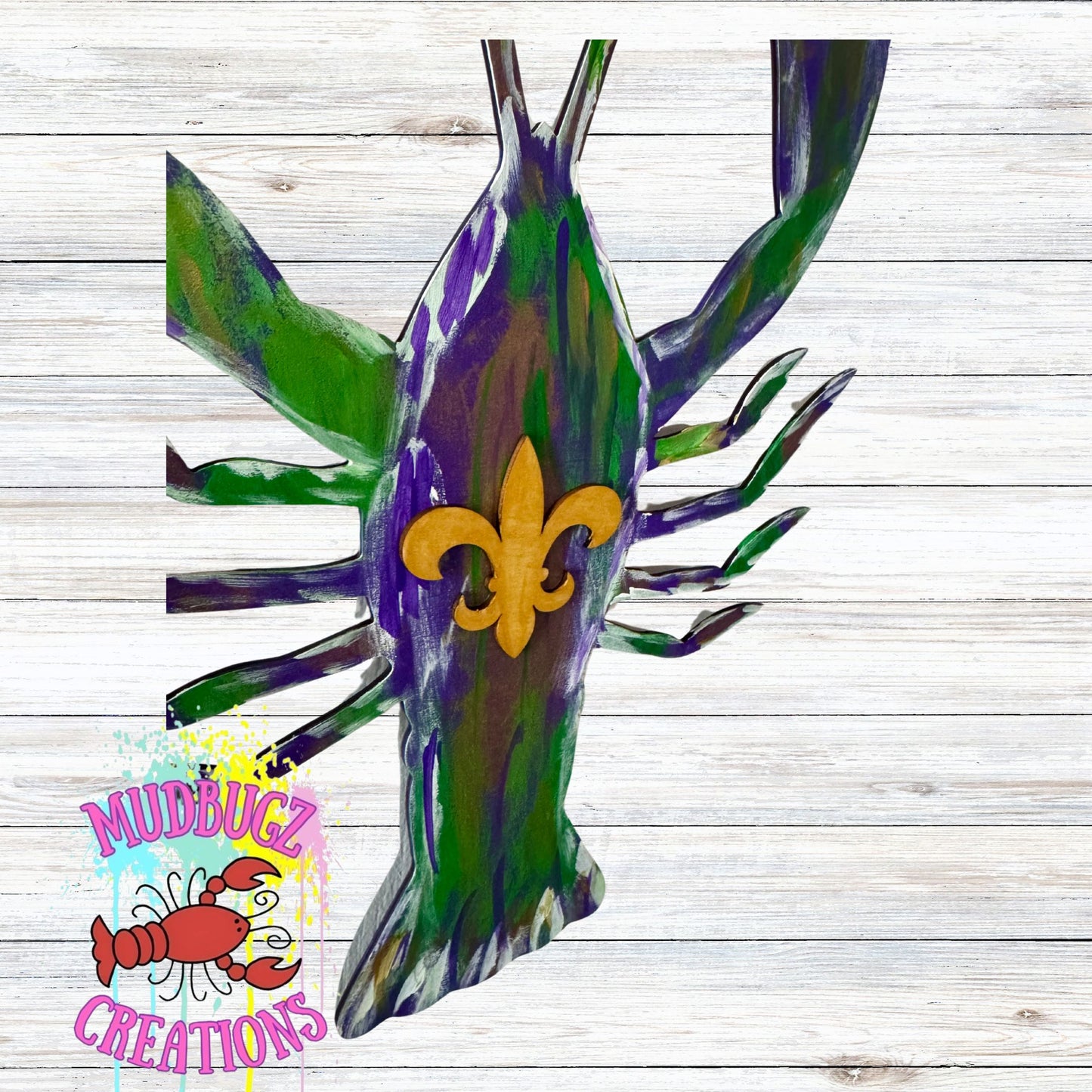 Mardi Gras Fleur Di Lis Brushstroke Crawfish Laser Cut 3D Wood Round Door Hanger Door Sign