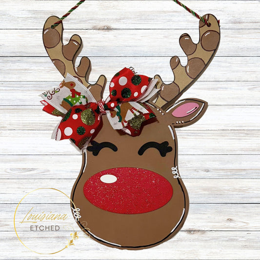 Girl Big Glitter Red Nosed Reindeer 3D Laser Cut Wood Door Hanger