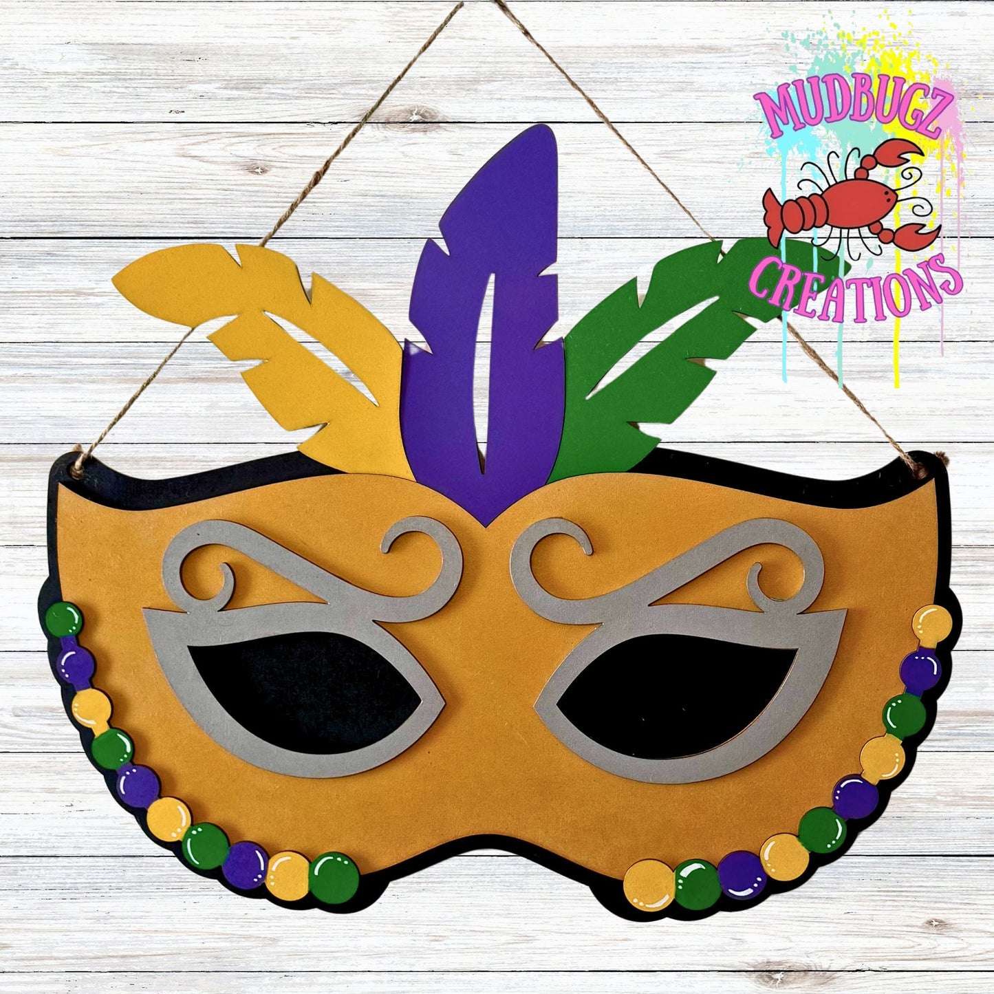 Mardi Gras Mask with Feathers Laser Cut 3D Wood Door Hanger Door Sign