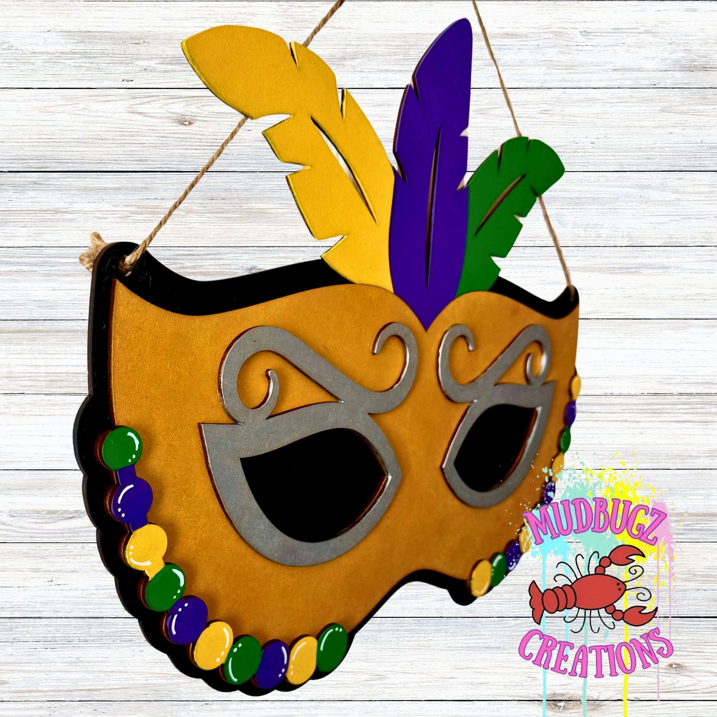 Mardi Gras Mask with Feathers Laser Cut 3D Wood Door Hanger Door Sign