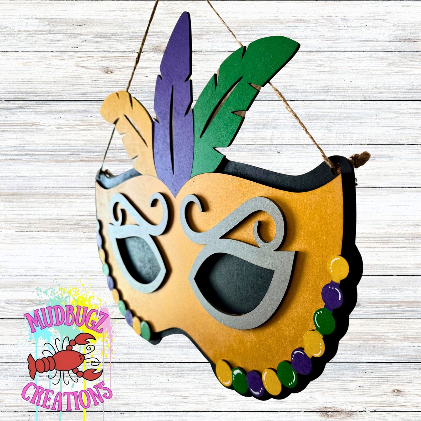 Mardi Gras Mask with Feathers Laser Cut 3D Wood Door Hanger Door Sign