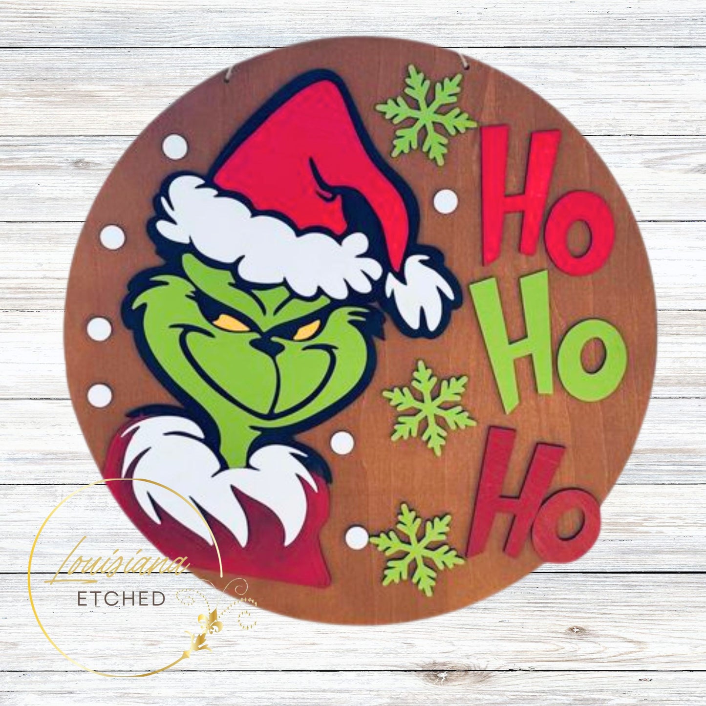 Ho Ho Ho Christmas Grinch in Santa Hat Laser Cut Wood Round Door Hanger Door Sign