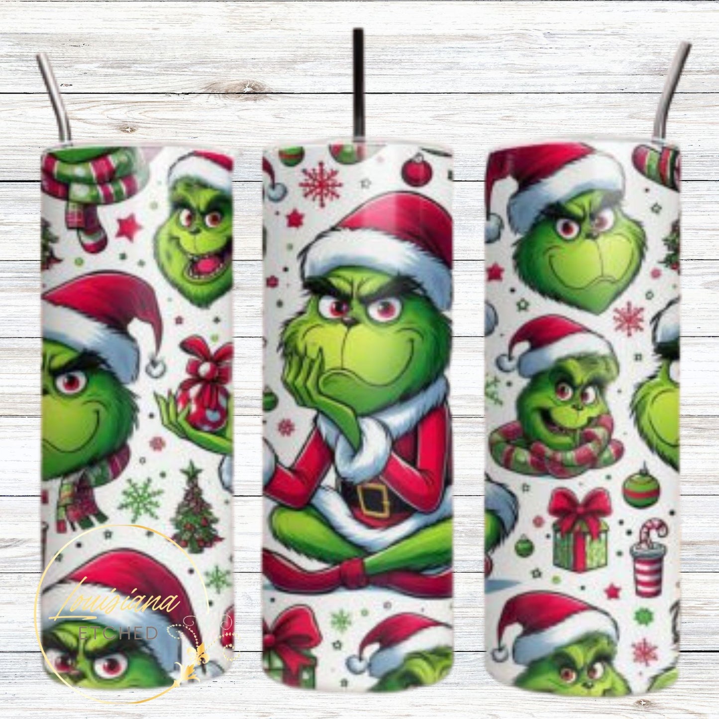 Grinch Wearing Santa Hat Green Furry Funny 20oz Skinny Tumbler