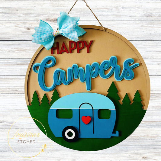 Happy Campers Retro Camper Laser Cut Wood Round Door Hanger Door Sign