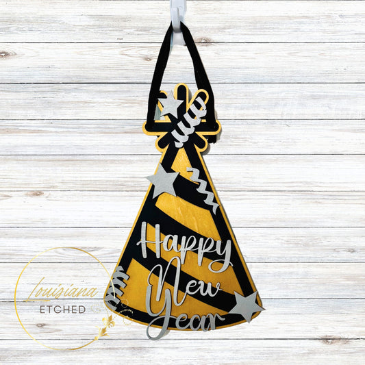 Happy New Year Party Hat Celebration 3D Laser Cut Wood Door Hanger