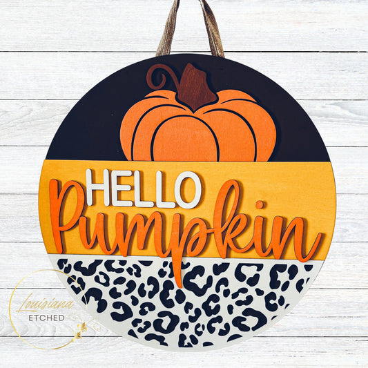 Hello Pumpkin Fall Laser Cut Wood Round Door Hanger Door Sign