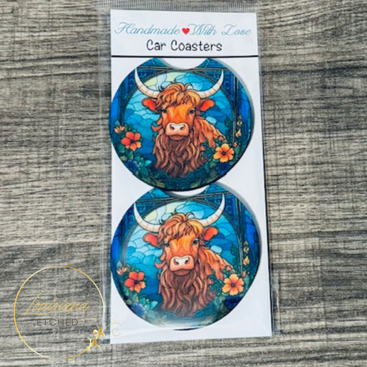 Highland Cow Stained Glass Spring Flowers Floral Colorful Neoprene Car Coasters with Notch