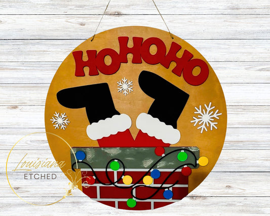 Ho Ho Ho Santa in Chimney Christmas Funny Humorous Laser Cut Wood Round Door Hanger Door Sign